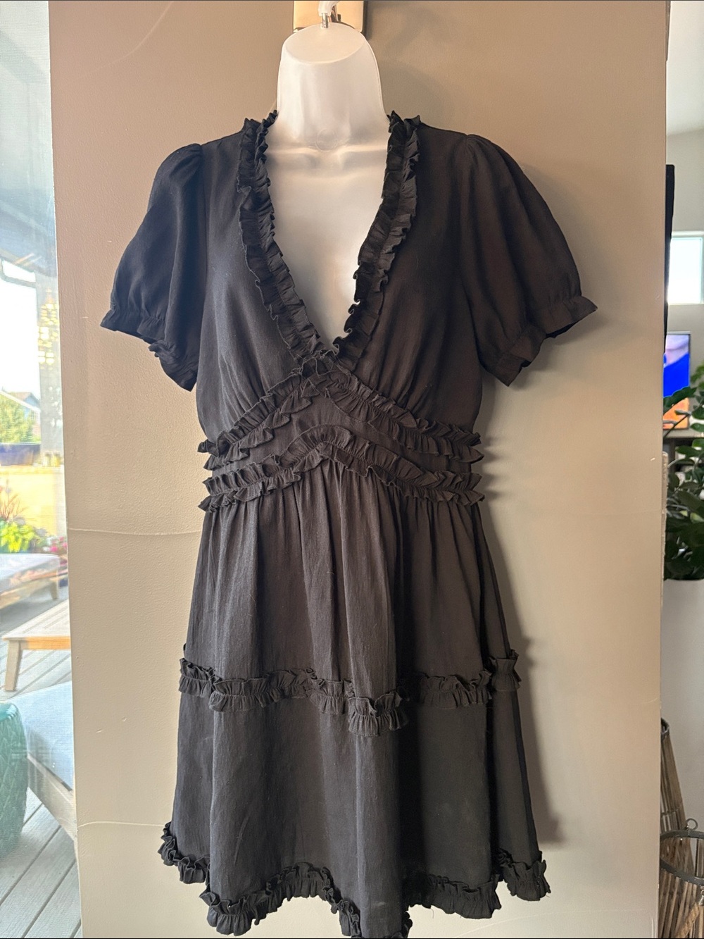 Altar’d State Black Ruffle V-Neck Dress - Large